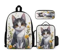 WECECE Cartable Chat Élémentaire Enfant avec Sac Déjeuner et Trousse, Sac à Dos Chaton Scolaire pour CE1 CE2 CM1 CM2
