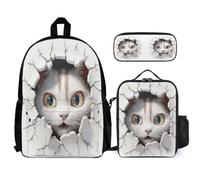 WECECE Cartable Chaton CP CE1 CE2 pour Fille Garçon, Sac à Dos Chat avec Lunch Bag et Trousse pour Voyage École