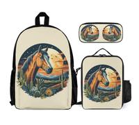 WECECE Cartable Cheval pour Filles Primaire CE2 CM1 CM2, Sacs D'école Animal Cheval pour Garçons 3 Pièces avec Sac à Lunch et Trousse, Sac à Dos Loisir Enfants Mignon