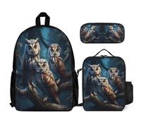WECECE Cartable Chouette Enfant Primaire, Sacs d'École Thème Oiseau 3 Pièces avec Sac à Lunch et Trousse Crayon, Sac à Dos Léger pour Garçon Fille CE1 CM1 CM2