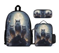 WECECE Cartable Chouette pour Filles Primaire CE2 CM1 CM2, Sacs D'école Thème Oiseaux pour Garçons 3 Pièces avec Sac à Lunch et Trousse, Sac à Dos Loisir Enfants Mignon