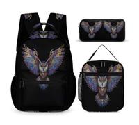 WECECE Cartable Chouette Primaire Garçon 3 Pièces, Sac à Dos Imprimé D’oiseau avec Lunch Bag et Trousse École Élémentaire 7 à 12 Ans