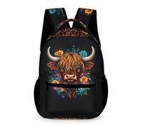WECECE Cartable Highland Vache Fleurs Adolescents 6-9 Ans Sac d'École Bovin CP-CM1 Élèves Sac à Dos Grand 43x32x15 cm pour Promenade Randonnée Livres Cahiers