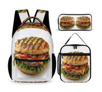 WECECE Cartable Imprimé Burger CE1 CM1 CM2 Primaire, Sac à Dos Motif Alimentaire Enfant avec Sac Repas Isotherme et Trousse École Léger