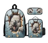 WECECE Cartable Koala Fille Primaire Enfants Garçons, Animal 3D Sac à Dos 3 en 1 Sacs Ecole Loisir Cartables Scolaires avec Sac à Lunch et Sacs Crayons pour Voyage