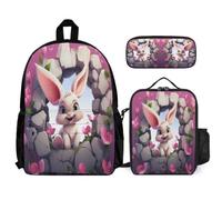 WECECE Cartable Lapin Garçons Primaire CE2 Sac à Dos Filles Lapin Animalier Sac à Dos Scolaire avec Sacs Lunch Trousse pour Enfants