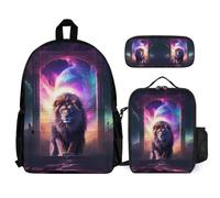 WECECE Cartable Lion pour Filles Primaire CE2 CM1 CM2, Sac D'école Lions, Roi des Animaux pour Filles 3 Pièces avec Sacs à Lunch et Trousse, Sac à Dos Loisir Enfants Mignon, Sacs Ecole Fille Collège