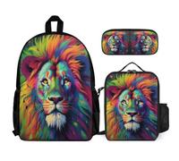 WECECE Cartable Lion pour Filles Primaire CE2 CM1 CM2, Sacs D'école Lions, Roi des Animaux pour Garçons 3 Pièces avec Sac à Lunch et Trousse, Sac à Dos Loisir Enfants Mignon