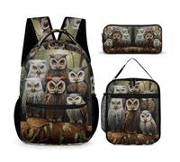 WECECE Cartable Motif de Chouette Garçon Primaire Sac à Dos Thème Oiseau Filles Enfants Elementaire Sacs Scolaires de 3 Pieces avec Sacs à Lunch et Trousse pour CP CE1 CM1 CM2 D'école Étudiants