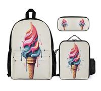 WECECE Cartable Motif de Glace pour Filles Primaire CE2 CM1 CM2, Sacs D'école Imprimé Alimentaire pour Garçons 3 Pièces avec Sac à Lunch et Trousse, Sac à Dos Loisir Enfants Mignon