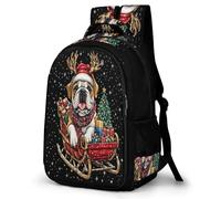 WECECE Cartable Noël Thème Bouledogue Chien Garçons 7-11 Ans Sac d'École Chiot Enfants CM2 Sac Scolaire pour Élèves Léger À la Mode Cadeau d'Anniversaire École School Bag