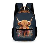 WECECE Cartable Scolaire Vache Highland CM2 Garçons et Filles Sac à Dos Motif Animal Taureau 11 Ans Backpack Poche Avant Pratique Livres Gourde Parapluie Cadeau de Rentrée