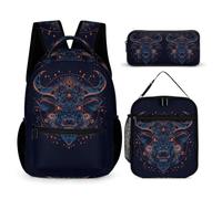 WECECE Cartable Taureau CE1 CE2 CM1 CM2 pour Garçons Filles, Ensemble Sac à Dos Imprimé Vache avec Sac Repas et Trousse, Sacs Ecole Léger Voyage