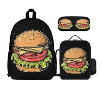 WECECE Ensemble Cartable Imprimé Hamburger Enfant Primaire, Sac à Dos Motif Alimentaire avec Sacs Déjeuner Thermique et Trousse, Sac Ecole 7 à 13 Ans