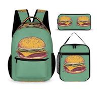 WECECE Ensemble Cartable Imprimé Hamburger Fille Élémentaire, Sac à Dos Motif Alimentaire avec Sac Déjeuner et Pochette Stylos CE1 CE2 6 à 11 Ans