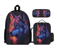 WECECE Ensemble Cartable Loup Enfant Primaire, Sac à Dos Loup Animalier avec Sacs Déjeuner Thermique et Trousse, Sac Ecole 7 à 13 Ans