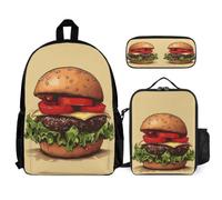 WECECE Ensemble de Cartable Imprimé Hamburger Fille Primaire, Sac d Ecole Motif Alimentaire Fille en 3 Pièces avec Sacs repas et Trousses, Sac à Dos Scolaire pour Enfants CE1 CE2 CM1 CM2
