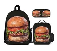 WECECE Ensemble de Sac à Dos Imprimé Hamburger Fille Primaire, Cartable Motif Alimentaire Scolaire avec Sacs Repas et Pochette Crayons, Sac Ecole Léger 6 à 12 Ans
