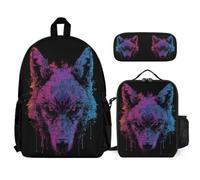 WECECE Ensemble Sac d'École Louve CP CE1 pour Garçon Fille, Cartable Animal Loup avec Sac Déjeuner et Trousse Élèves