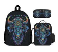 WECECE Sac à Dos Bovins École Primaire avec Lunch Bag et Trousse, Ensemble Cartable Imprimé Vache Élèves Garçon Fille pour CE1 CE2 CM1 CM2 Voyage