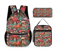 WECECE Sac à Dos Champignon Primaire pour Garçons Filles, Ensemble Cartable Thème des Plantes 3 Pièces avec Sac Repas et Trousse, Sacs Ecole Élèves CP CE1 CE2 CM1 CM2 6 à 12 Ans