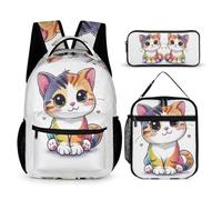 WECECE Sac à Dos Chat Mignon CE1 CE2 CM1 CM2 avec Sac Repas et Trousse, Cartable Chaton Enfant Primaire Léger pour Garçons Filles
