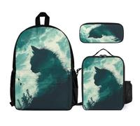 WECECE Sac à Dos Chaton Garçons Primaire 3 Pièce, Ensemble Cartable Chat Enfant Scolaire avec Sacs Déjeuner et Trousse Crayon, Sacs Ecole pour Fille 7 à 12 Ans