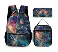 WECECE Sac à Dos Cosmos Primaire pour Garçons Filles, Ensemble Cartable Planète 3 Pièces avec Sac Repas et Trousse, Sacs Ecole Élèves CP CE1 CE2 CM1 CM2 6 à 12 Ans