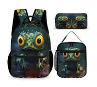 WECECE Sac à Dos Grenouille Primaire Garçon Fille avec Sac Repas et Trousse, Ensemble Cartable Moche 3 Pièces pour Élèves CE1 CE2 CM1 CM2 6 à 12 Ans