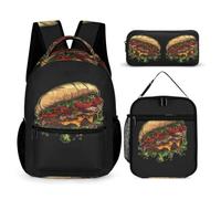 WECECE Sac à Dos Imprimé Burger » Élémentaire Enfant 3 Pièces, Cartable Motif Alimentaire avec Sac Déjeuner et Trousse Stylos Primaire 8 à 13 Ans