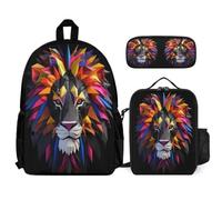 WECECE Sac à Dos Lion Primaire Garçons Filles, Ensemble Cartable Lions, Roi des Animaux 3 Pièces avec Sac Lunch et Trousse Élèves 6 à 12 Ans