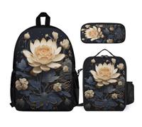 WECECE Sac à Dos Lotus Primaire Enfant avec Sac Lunch et Trousse, Ensemble Cartable Fleur CM1 CM2 Élèves 9 à 12 Ans