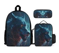 WECECE Sac à Dos Louvé Garçons Primaire 3 Pièce, Ensemble Cartable Animal Loup Scolaire avec Sacs à Déjeuner et Trousse Crayon, Sac Ecole pour Fille 8-16 Ans