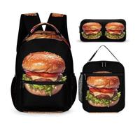 WECECE Sac à Dos Motif Burger Garçons Primaire 3 Pièce, Ensemble Cartable Motif Alimentaire Enfant Scolaire avec Sacs à Déjeuner et Trousse Crayon, Sac Ecole pour Fille 8 15 ans