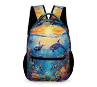 WECECE Sac à Dos Motif Dauphin Primaire CE2-CM1 Garçon Cartable Vie Marine Fille 10-13 Ans Sac Scolaire Grand pour Livres Poche Avant Poches Latérales Promenade Sorties École