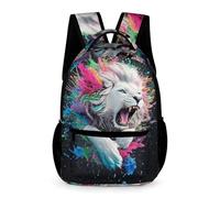 WECECE Sac à Dos Motif Lion Art Primaire CE2-CM1 Garçons Filles Sac d'École Motif Animal Lion 7-11 Ans Bookbag Grand Livres Poche Avant Poches Latérales Cadeau de Rentrée