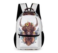 WECECE Sac À Dos Vache des Highlands Fille Sac A Dos Enfants Garçons Sacs Ecole Filles Garçon Primaire Cartable Animal Taureau Print Scolaire Poids Léger Avec Poche À Bouteille Poche Avant