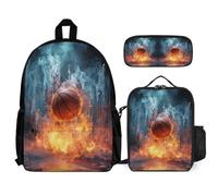WECECE Sac d'École Basket Glace et Feu Élèves Primaire avec Sac Repas et Trousse, Ensemble Cartable Basket Fille CE2 CM1 CM2 Léger