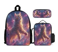 WECECE Sac d'École Chaton Primaire Garçon Fille, Cartable Chat 3 Pièces avec Sac Déjeuner et Trousse Crayons pour Voyage