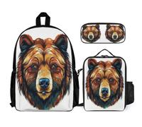WECECE Sac d'École Motif Ours Primaire avec Sac Repas et Trousse Crayons, Cartable Imprimé Animalier Garçon Fille Léger pour Usage Quotidien