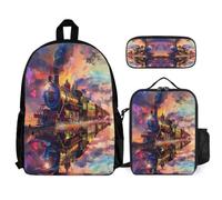 WECECE Sac d'École Train Primaire Garçon Fille, Cartable Chemin de Fer Train 3 Pièces avec Sac Déjeuner et Trousse Crayons pour Voyage
