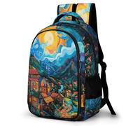 WECECE Sac d'École Village Paysage CM2 Garçons et Filles Cartable Style Huile Peinture 10-12 Ans Grand Format Imperméable pour Ordinateur Portable 14 Pouces Cours Voyage et Loisirs