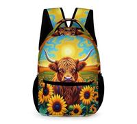 WECECE Sac Scolaire Vache Highland Primaire Garçon Sac d'École Motif Taureau CM2 Fille 7 Ans Cartable Scolaire Léger Durable Cahiers Bouteille Parapluie École Voyage Loisirs