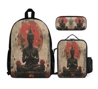 WECECE Sacs d'École Bouddha Élémentaire pour Enfants, Ensemble Cartable Bouddhisme avec Sac à Lunch et Trousse Crayons, Sac à Dos Léger CE1 CM1 CM2