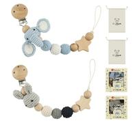 Weciau Bibs Lot de 2 attache-tétines en bois faits à la main, sans BPA, durables, pour bébé, avec emballage cadeau, motif d'éléphant, lapin