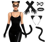Weciau Catwoman Deguisement Adulte, 5 Pièces Costume Catwoman avec Serre-Tête à Oreilles de Chat, Masque, Collier, Gants, Queue de Chat, Accessoires Cosplay pour Halloween, Carnaval, Soirée Cosplay