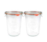 Weck 743 Lot de 2 bocaux de conservation avec couvercles en verre, joints et pinces pour levain, conserve, yaourt, kimchi, confiture 850 ml