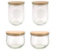 Weck 79212 Lot de 4 bocaux en forme de tulipe (2 x 1000 ml, 2 x 500 ml, avec couvercles en bois, pour la conservation des aliments) Transparent