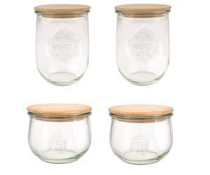 Weck 79212 Lot de 4 bocaux en forme de tulipe (2 x 1000 ml, 2 x 500 ml, avec couvercles en bois, pour la conservation des aliments) Transparent