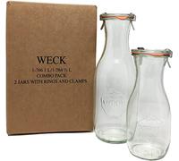 Weck Bocal de jus Combo Pack - (1) 766 Bol de 1-liter (1) 764 1/bol de 2-liter avec couvercles en verre, anneaux en caoutchouc et colliers de serrage en acier